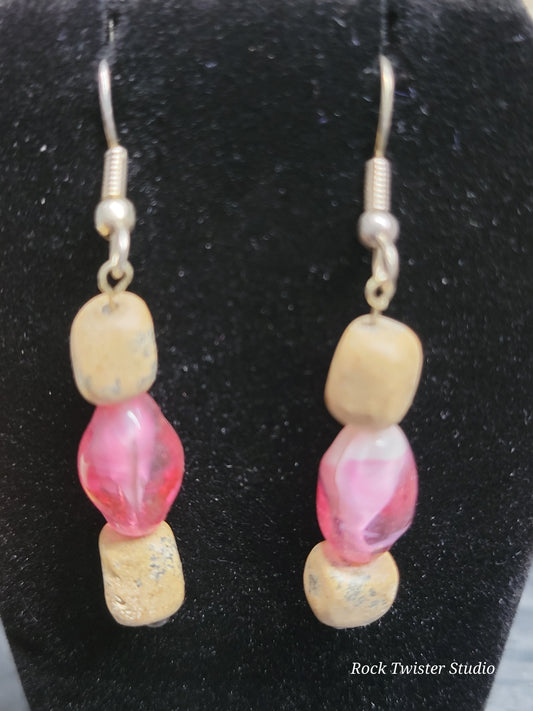 Jasper and Pink Artisan Glass Earrings