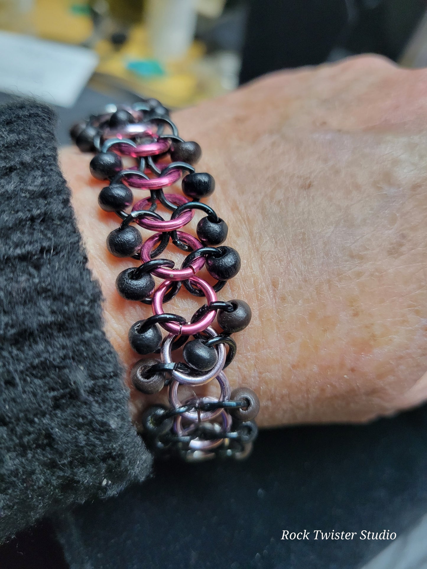 Pink and Black Chain Maile Bracelet